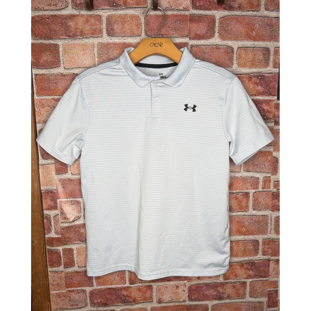 Under‎ Armour Boys Large YLG Polo Shirt Grey White Striped Golf Performance Top